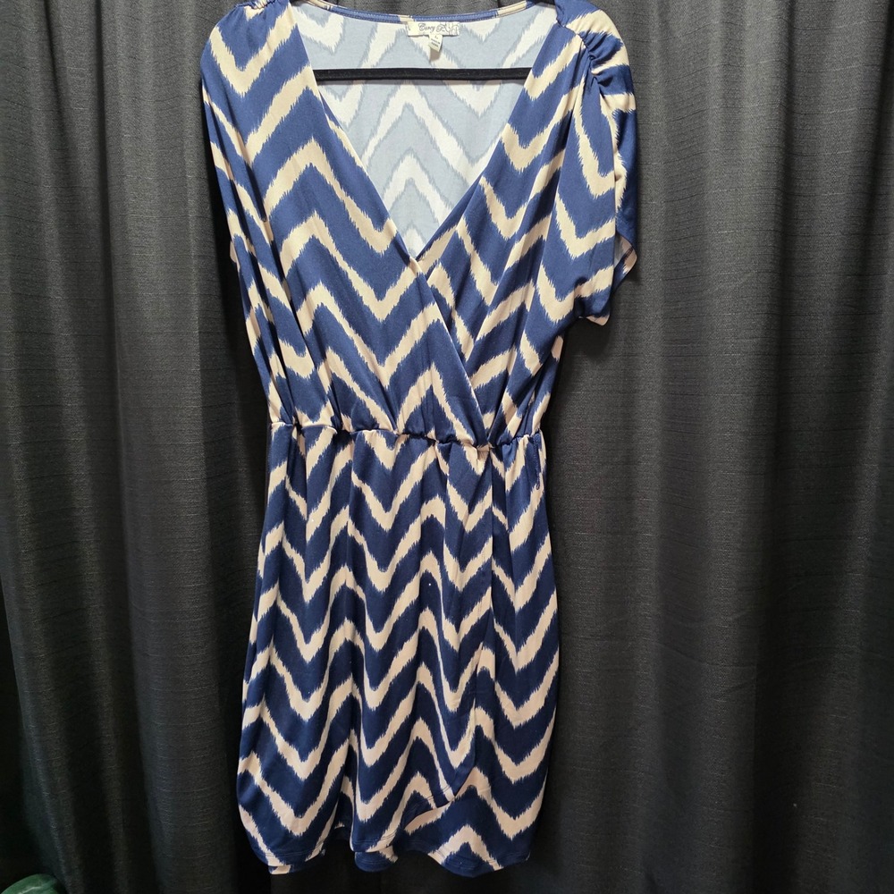 Corey‎ P Womens Navy Blue Cream Chevron Ikat Faux Wrap V-Neck Dress Large